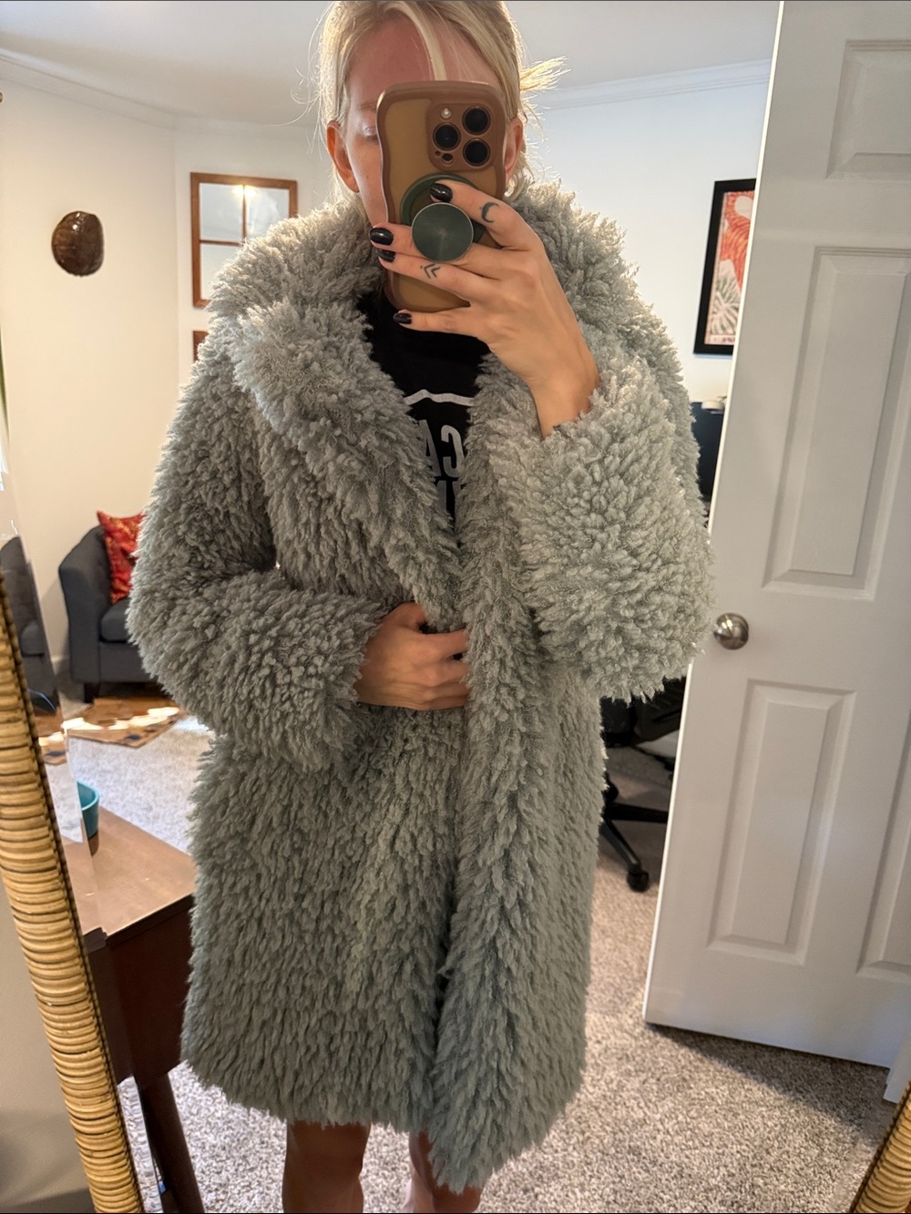 Faux Shearling Cozy Coat - Light Teal/Grey